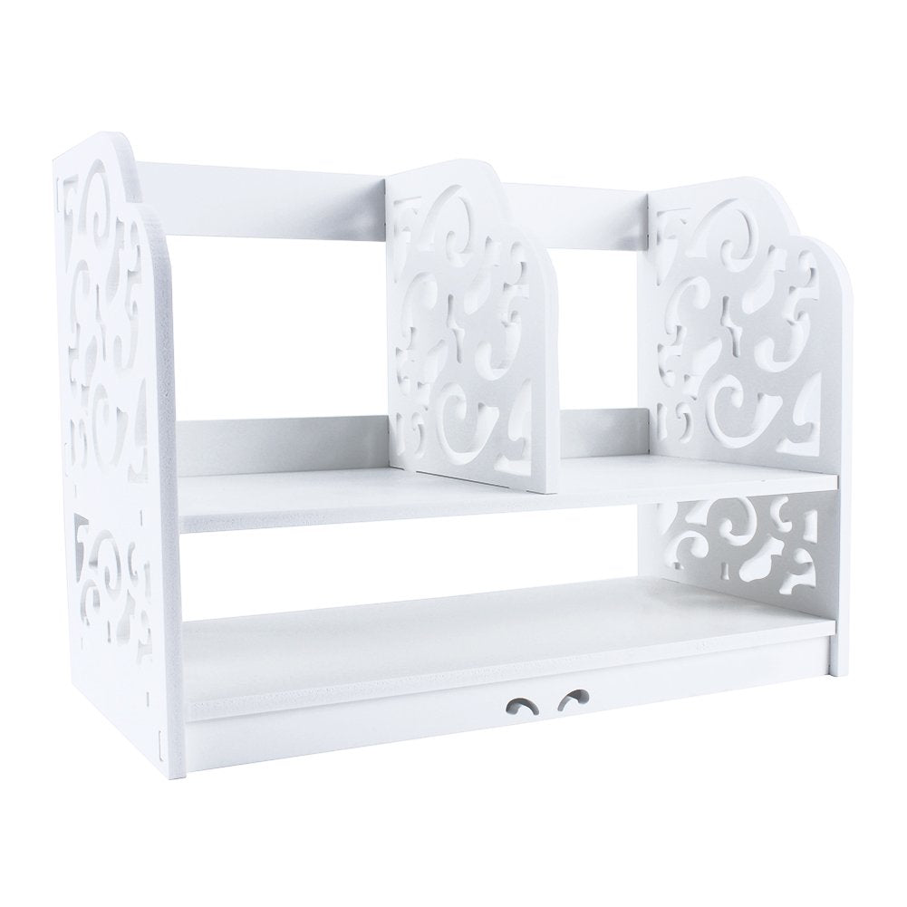 Desktop-Bücherregal, Weiss, 2 Etagen, Barocker Schnitzstil, Desktop-Organizer, DIY-Regal, CD-Buch Au
