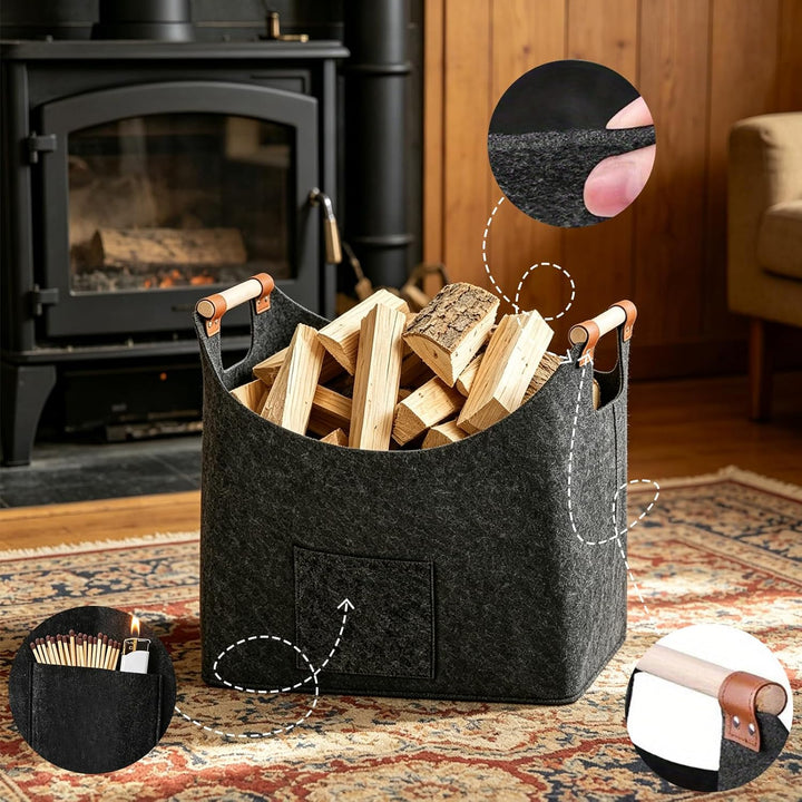 Holzkorb für Kaminholz 60L, mit Verstärktem Holzgriff, Gross Brennholzkorb als Extradickem Filz, Feu