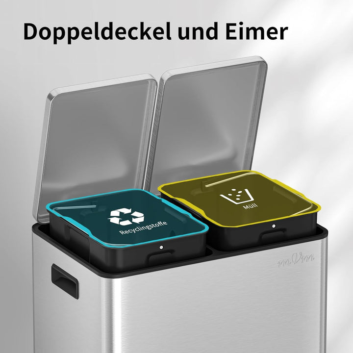 mVm Mülleimer Küche,40 Liter Treteimer,2 x 20 Liter Treteimer, 2 Fächer, Mülltrennsystem, Abfalleime