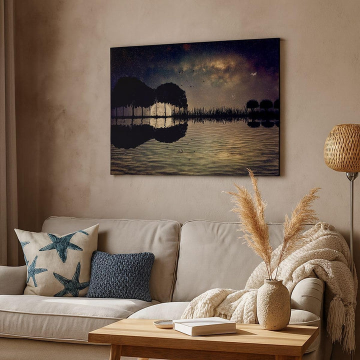Bilder auf Leinwand 100x70cm Leinwandbild mit Rahmen See Nacht Wasser Gross Wanddeko Bild Schlafzimm