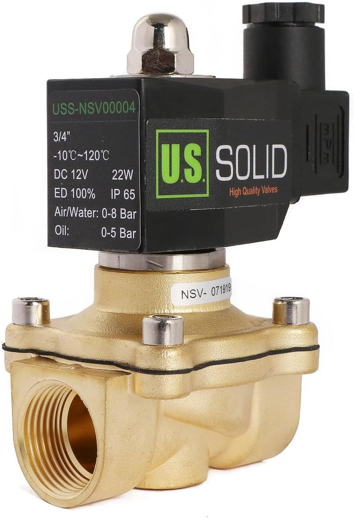 U.S. Solid Elektrisches Magnetventil 3/4 Zoll Messing, DC 12 V Gleichstrom, stromlos geschlossen, Vi