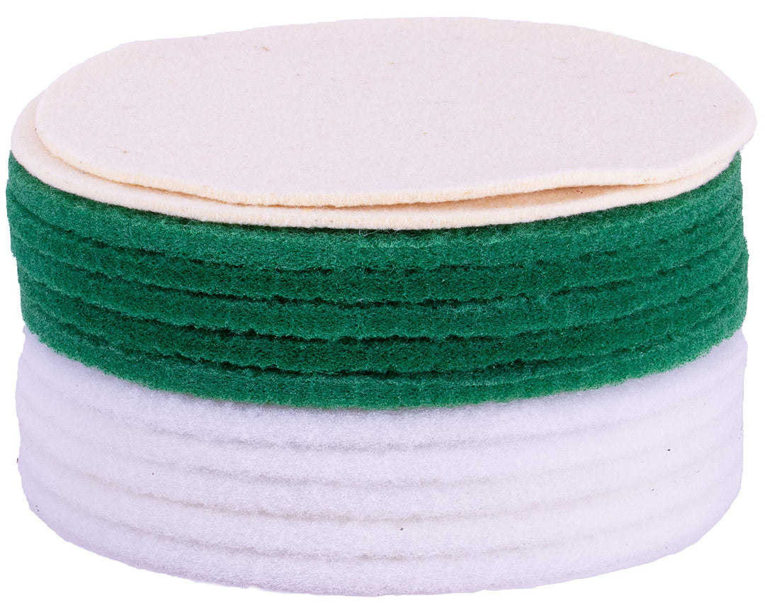 12-Stück-Pad Set -5xGrüne 5xWeiss Pads & 2xsuperweiche Schafwolle Polierpads, Ø30cm - Pflegen - Nach