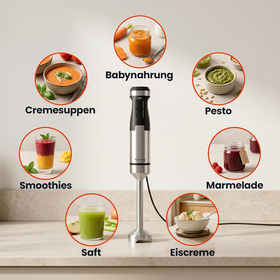 BlendFlex Stabmixer 1500W – Edelstahl Handmixer mit 20 Geschwindigkeiten & Turbo-Funktion, inkl. 600