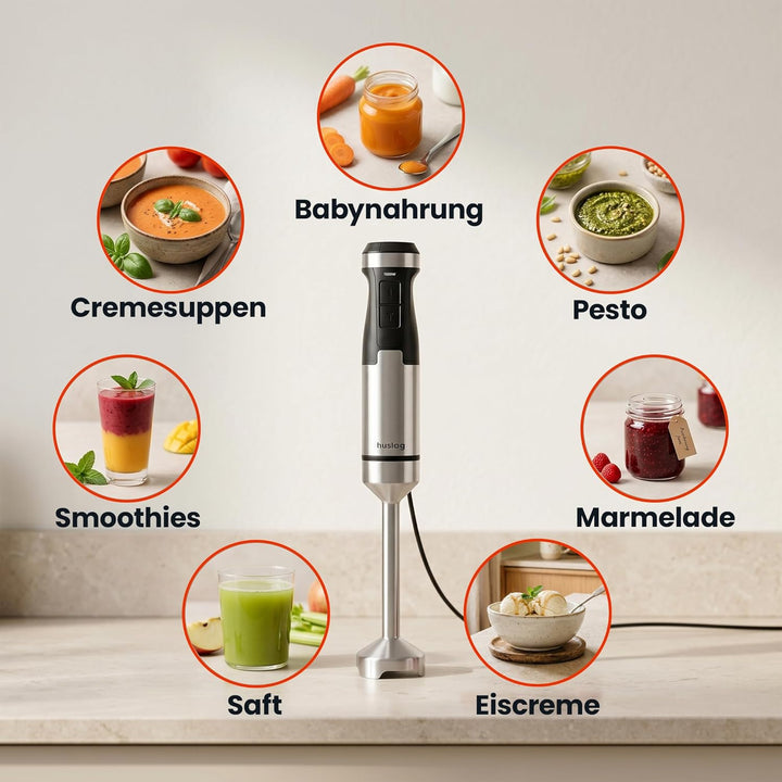 BlendFlex Stabmixer 1500W – Edelstahl Handmixer mit 20 Geschwindigkeiten & Turbo-Funktion, inkl. 600