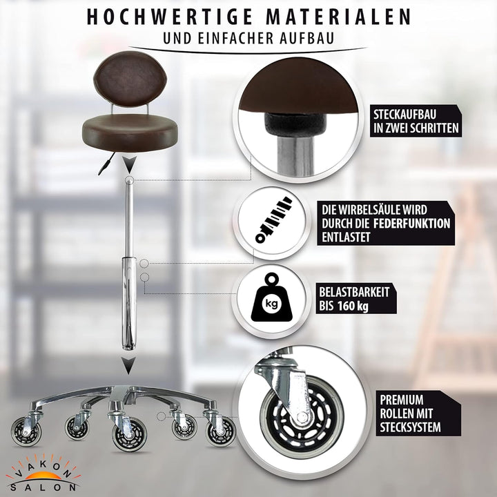 Premium Rollhocker braun mit ovaler Lehne höhenverstellbar von 55 bis 75 cm - Rundsitz- Drehhocker A