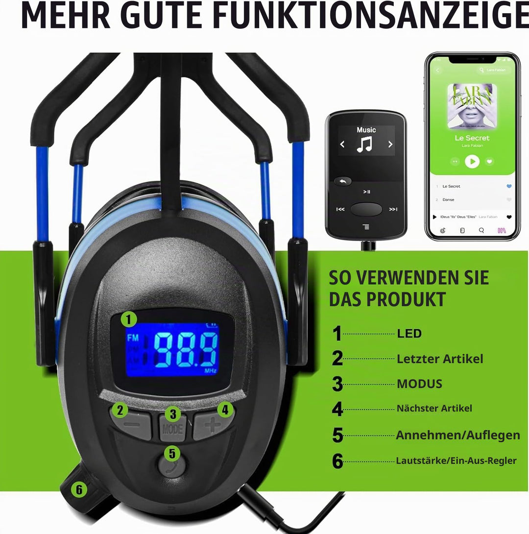 Gardtech Gehörschutz, Ohrenschützer mit Radio/Bluetooth / MP3 / FM, Sicherheitsohrschützer mit NRR 2