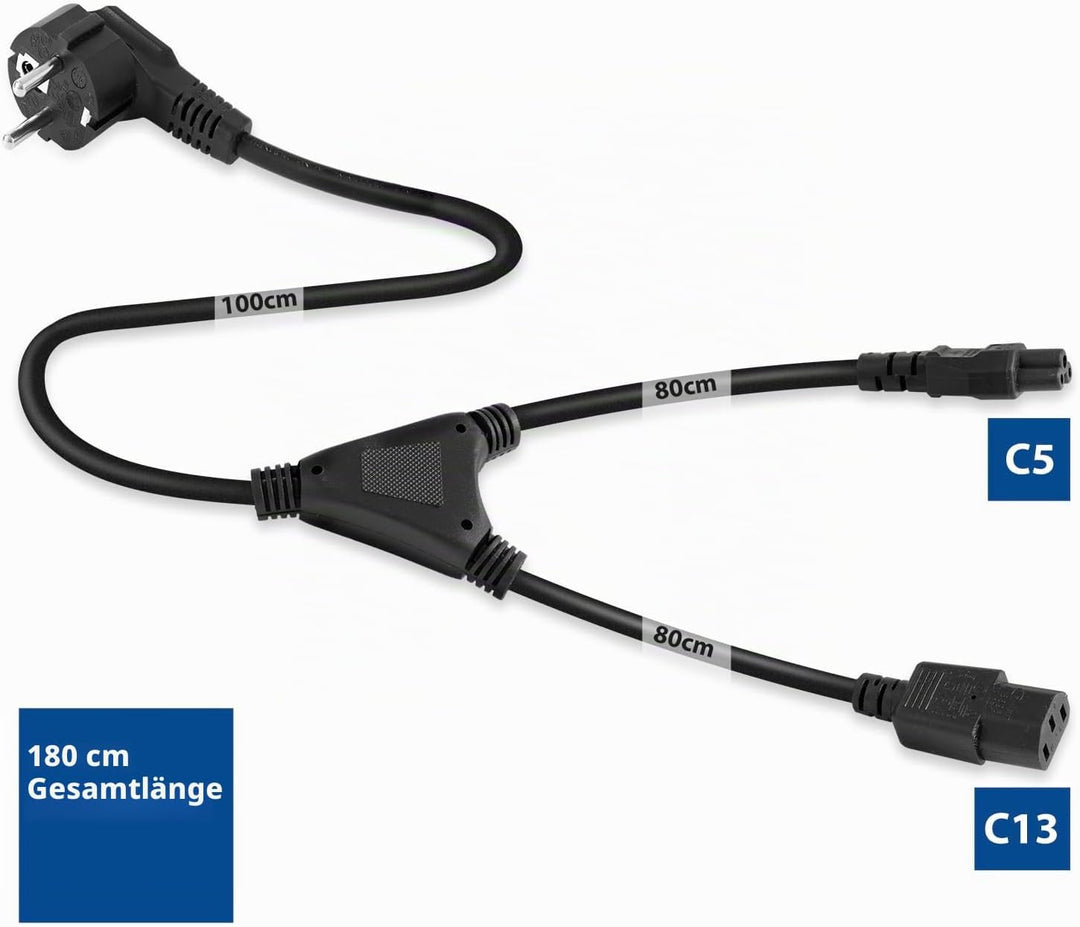 ACT Kaltgerätekabel C13 + C5 Netzkabel 1.80m, Netz-Y-Kabel, Type F CEE 7/7 Gewinkelt, PC Stromkabel