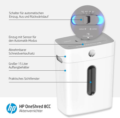 HP OneShred 8CC, Aktenvernichter, Sicherheitsstufe P-4, Cross Cut, 8 Blatt, 2801, Partikelschnitt we