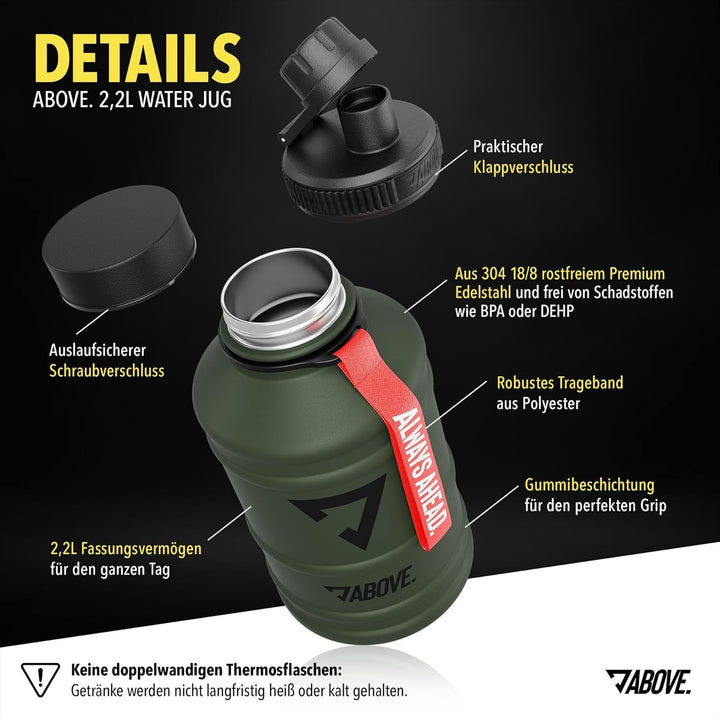 ABOVE. Edelstahl Trinkflasche 1.3L / 2.2L – BPA-frei, Auslaufsicher, Robuste Metallflasche mit Extra