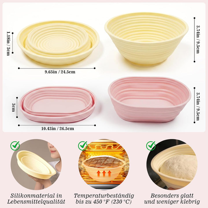 8 Stück Gärkörbchen Set, Silikon Gärkorb Brot Faltbarer 24cm Rund 27cm Oval | 50% Verdicktes Design