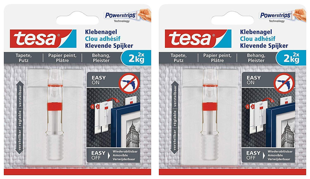 tesa® Verstellbarer Klebenagel für Tapeten und Putz 2 kg (2 Packungen = 4 Klebenägel)