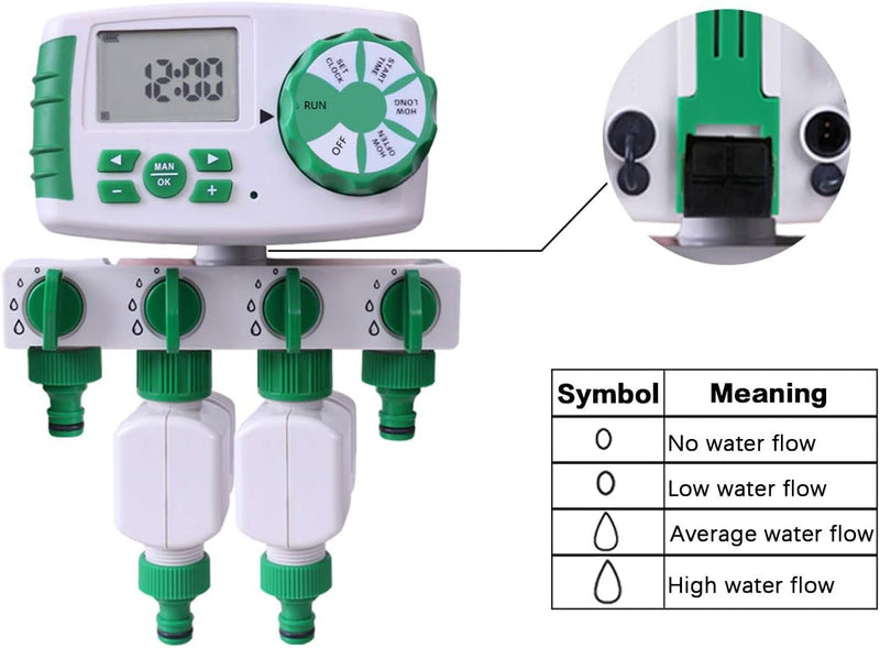 Automatisch 4-Auslässe Bewässerungscomputer Bewässerungssystem inkl. 1 X 4-Fach-Wasserverteiler, 2 X