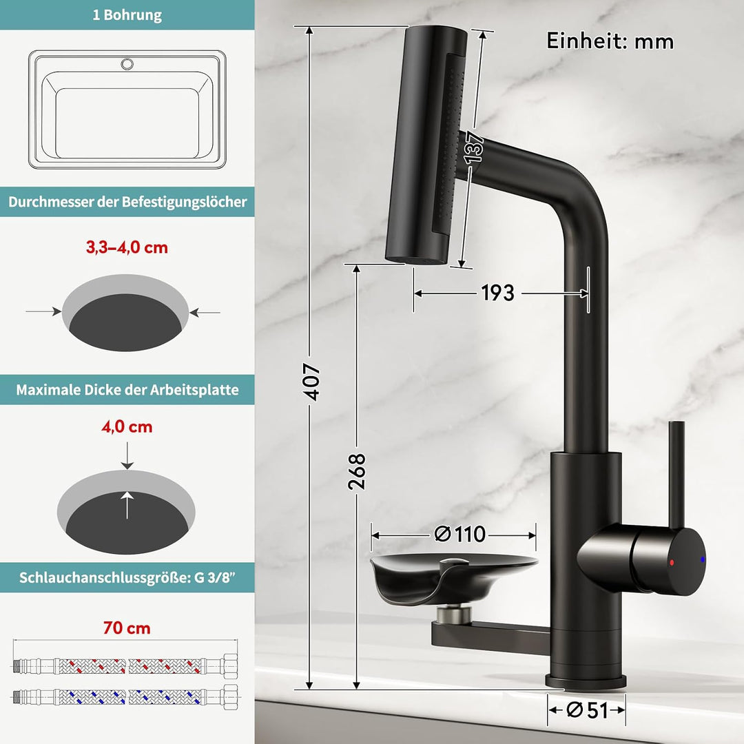 360° drehbarer Wasserhahn Küche ausziehbar mit Brause, wasserfall Mischbatterie Küche mit Gläserspül