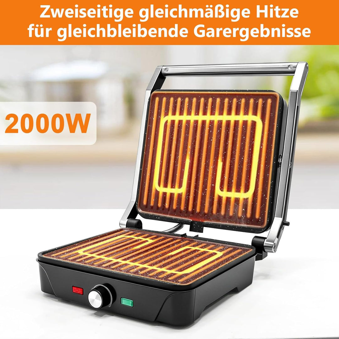 kisidus Kontaktgrill 2000W Panini Grill, Sandwich Maker, Tischgrill elektrisch 180° aufklappbar, ant