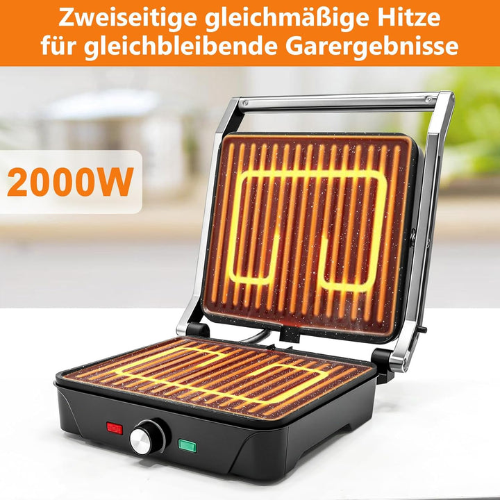 kisidus Kontaktgrill 2000W Panini Grill, Sandwich Maker, Tischgrill elektrisch 180° aufklappbar, ant