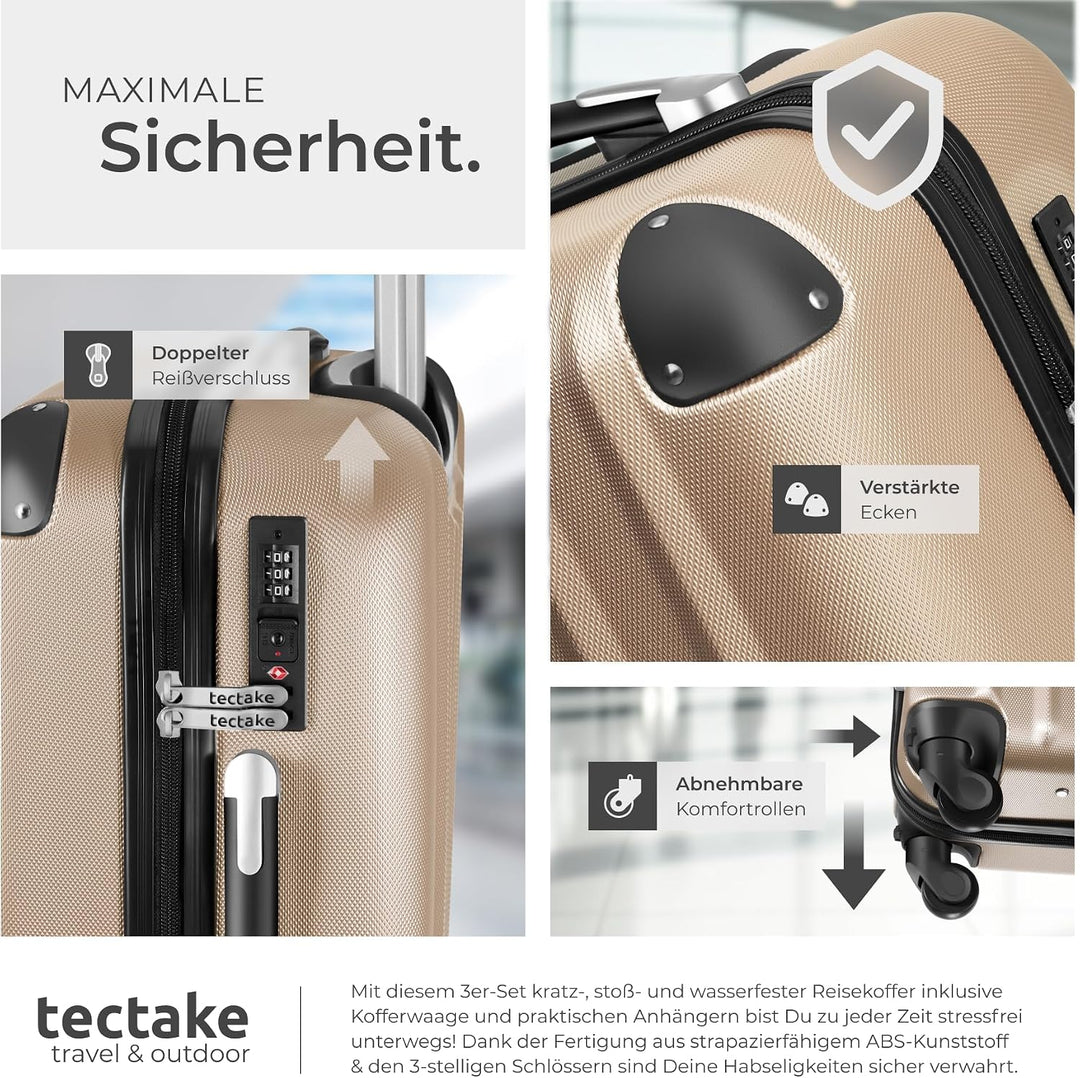 tectake® 3er Kofferset mit Kofferwaage & Kofferanhänger, Reisekoffer Set, ABS Hartschalenkoffer Set,