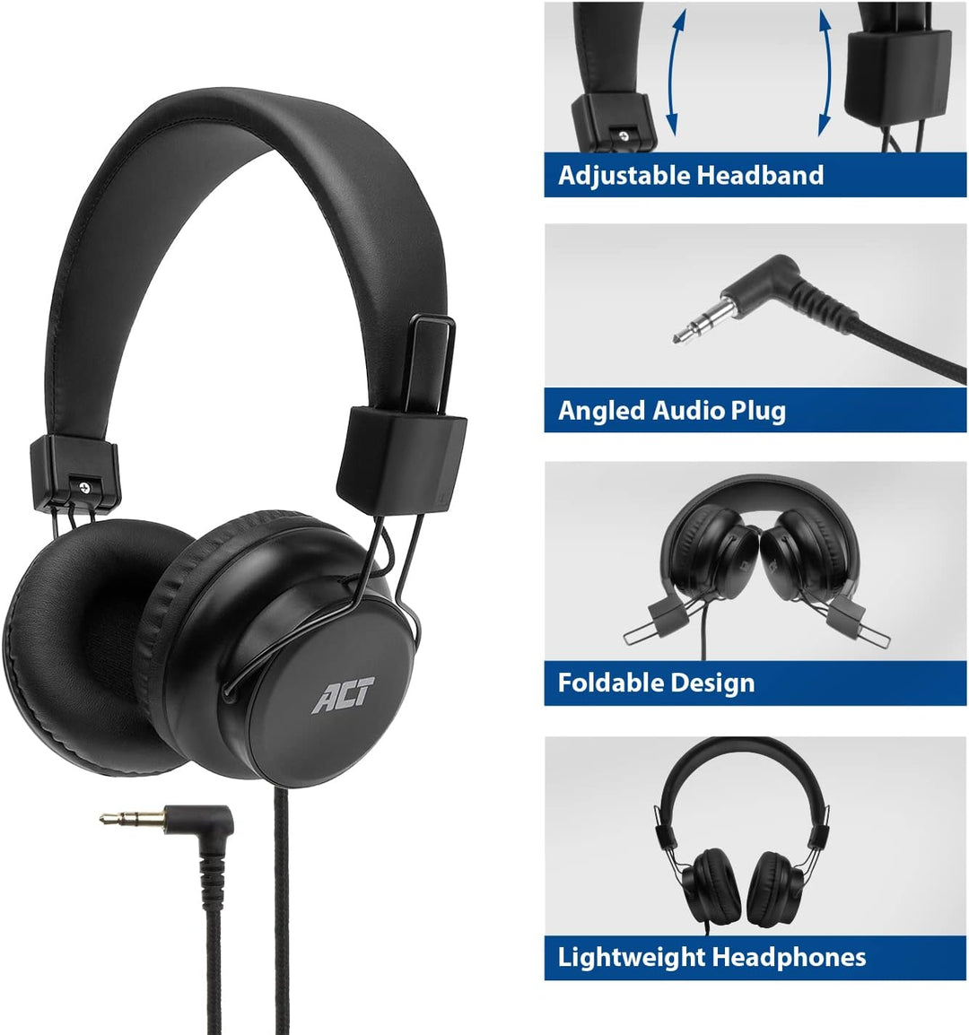 ACT Faltbarer Kopfhörer mit Kabel, On Ear Bugelkopfhörer, 3.5mm Klinkenstecker, Nylon Kabellänge 1.5