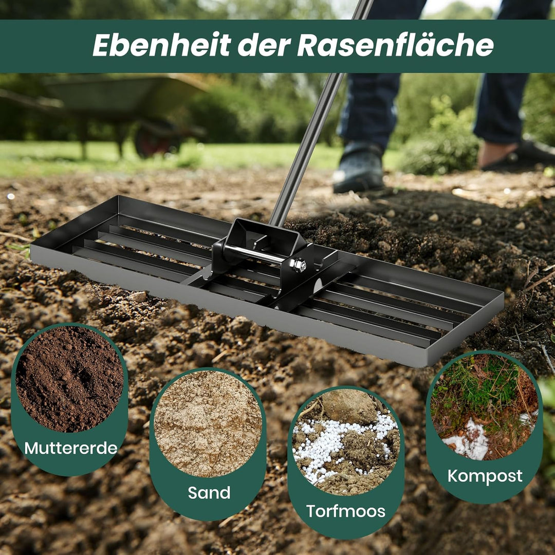 RELAX4LIFE Rasen Nivellierrechen, 75 x 25 cm, Rasenrechen Metall, Rechen Garten mit 170 cm Stiel, Le