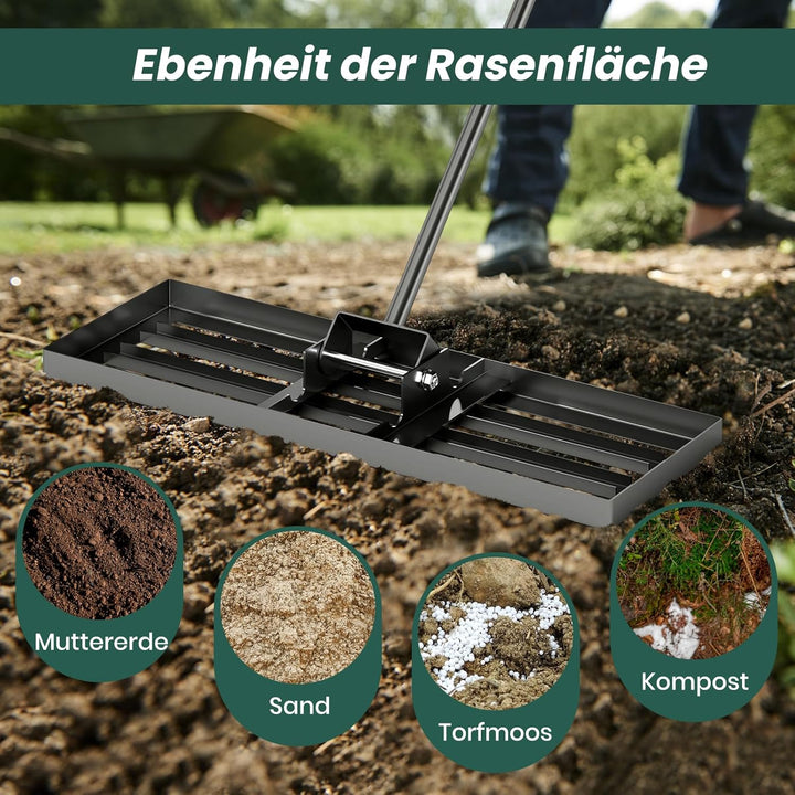 RELAX4LIFE Rasen Nivellierrechen, 75 x 25 cm, Rasenrechen Metall, Rechen Garten mit 170 cm Stiel, Le