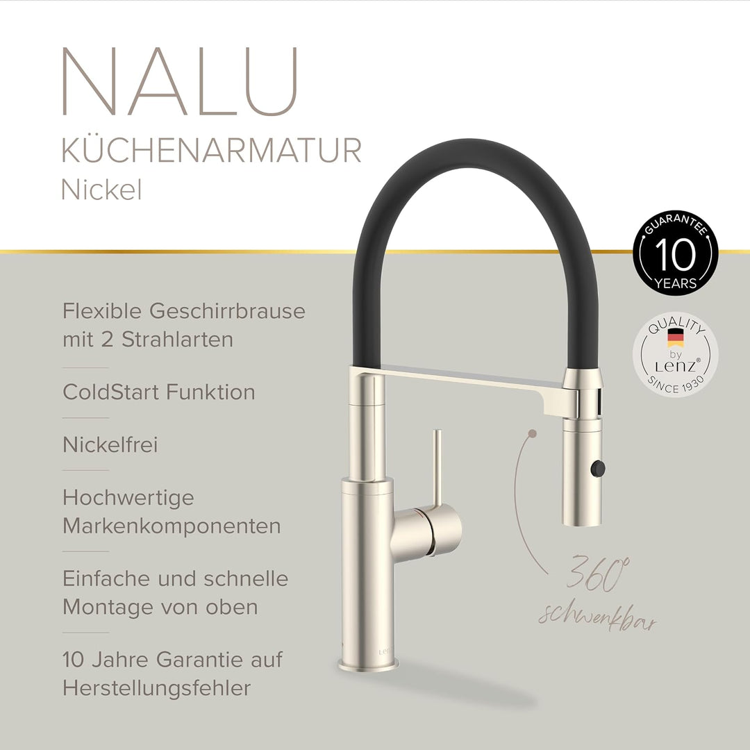 Lenz Küchenarmatur NALU in nickel-matt - flexible Geschirrbrause mit 2 Strahlarten - Zweistufige Was