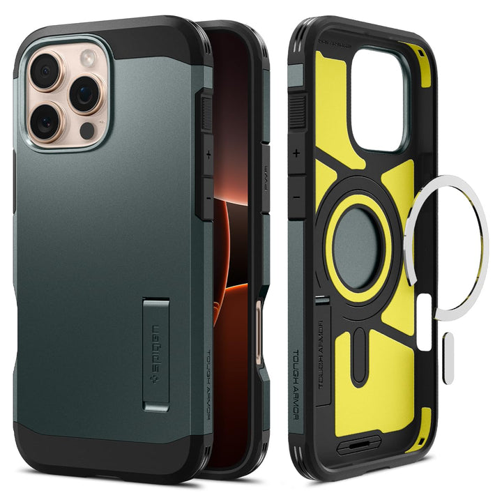 Spigen Tough Armor (AI) MagFit Hülle für iPhone 16 Pro, Kompatibel mit MagSafe Zubehör -Abyss Green,