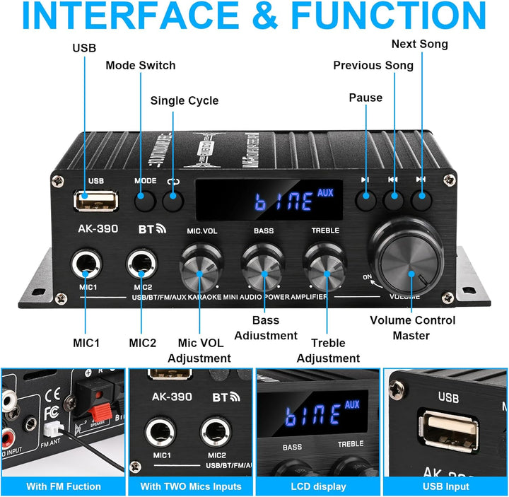 Romicta HiFi-Verstärker AK390, Mini Bluetooth Stereo-Audioverstärker Receiver 12V/ 220V 800W 2 Kanäl