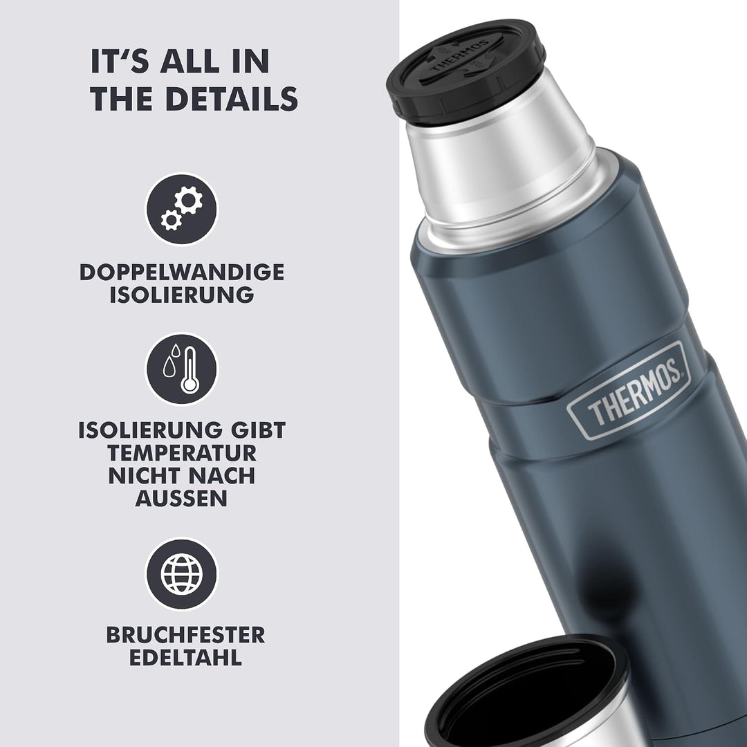 THERMOS STAINLESS KING Thermosflasche ice grey 0,47l - Edelstahl, absolut dicht, mit Trinkbecher, 12
