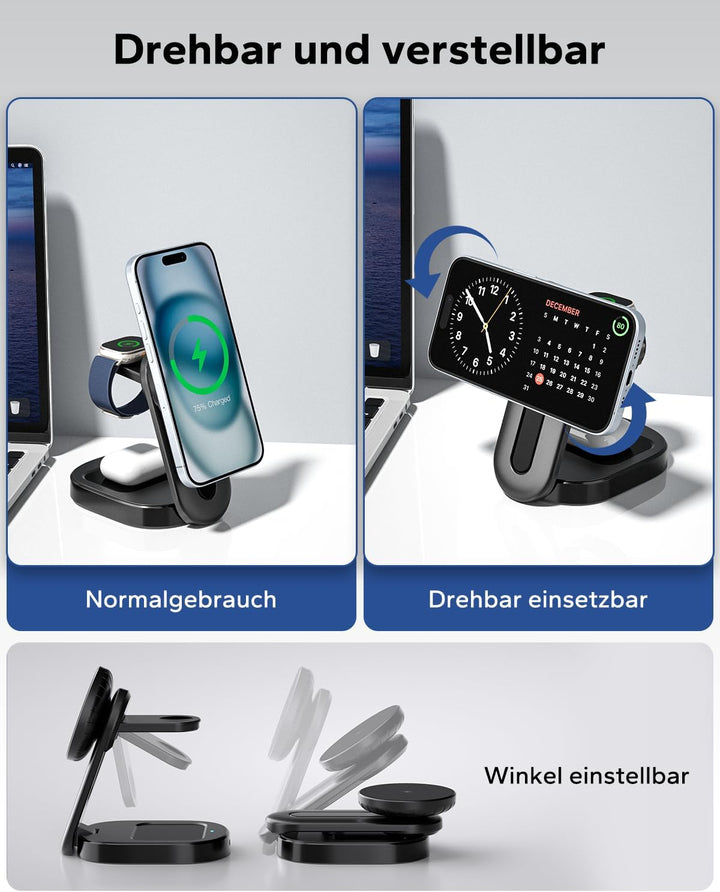 KPON Magsafe Ladestation 3-in-1 Faltbar,15w Magsafe Ladegerät für Apple,Tragbare Schnellladestation