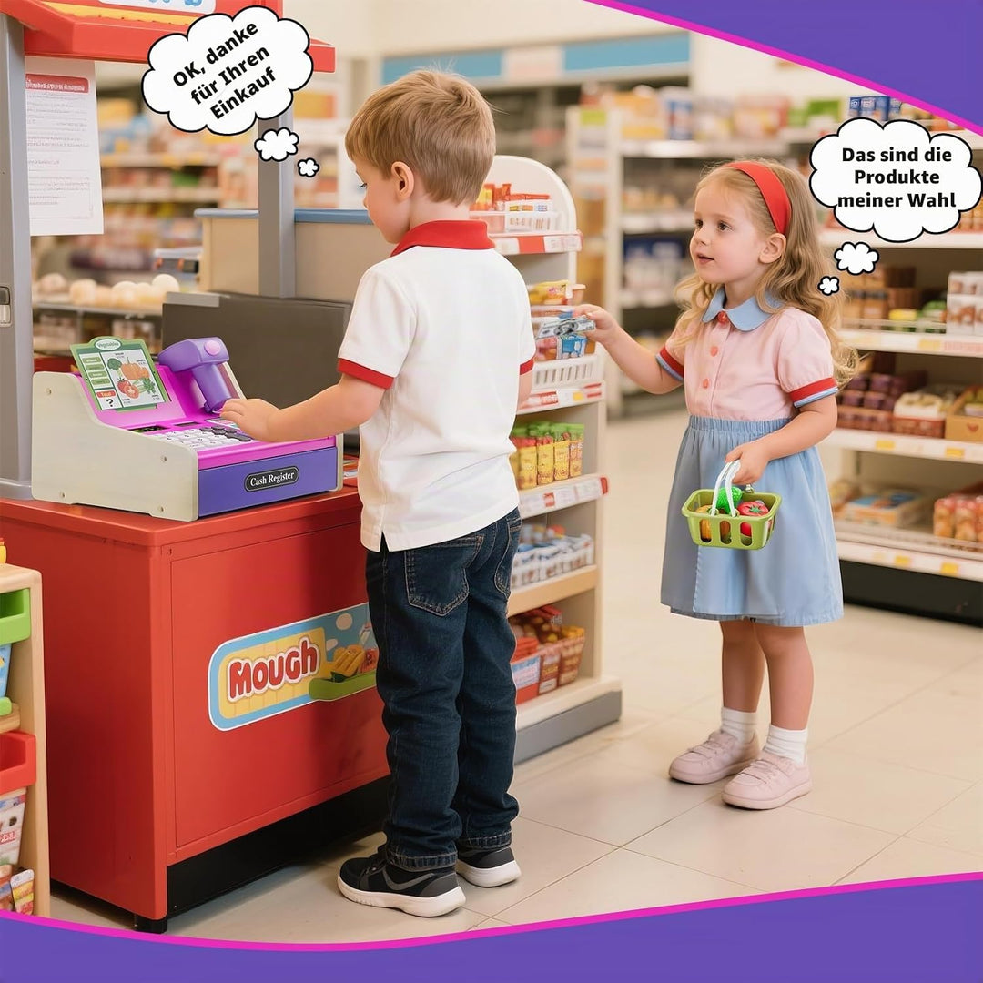 Kinder Kasse Holzkasse mit Sound, Spielkasse Kaufladen Spielzeug mit Spielgeld/Münzen/Kreditkarte/Ei