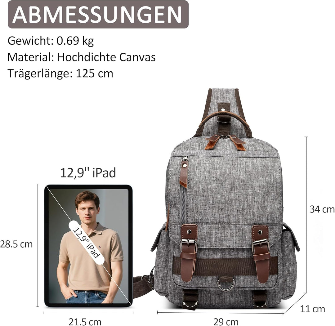 DORRISO Retro Brusttasche Herren Mode Grosse Kapazität Schultertasche für 10,9 Zoll iPad mit Griff M
