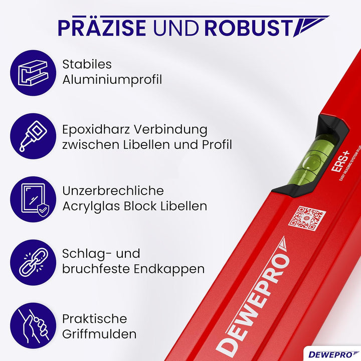 DEWEPRO® Profi Wasserwaage Aluminium - rot lackiert - Länge: 120cm 1,2m - Messtoleranz: 0,5mm/m - Al
