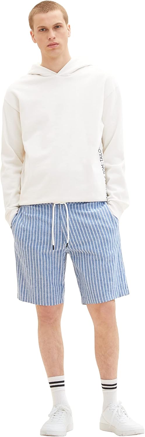 TOM TAILOR Denim Herren Bermuda Shorts aus Leinen, L 31162 - Blue White Stripe