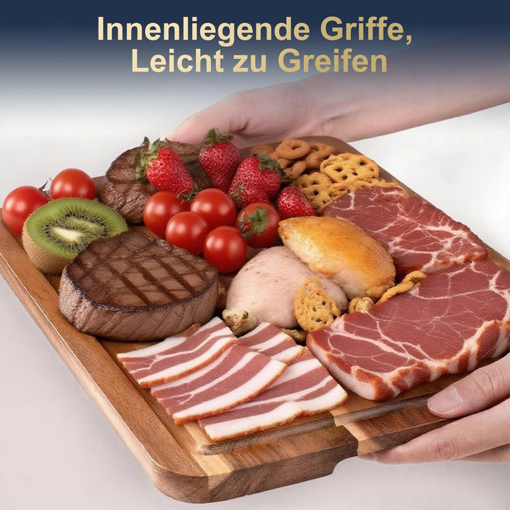 3er Schneidebrett Holz Set(26 * 18, 33 * 24, 40 * 30), Massiver Akazie Holzbrett mit Saftrille, 2cm