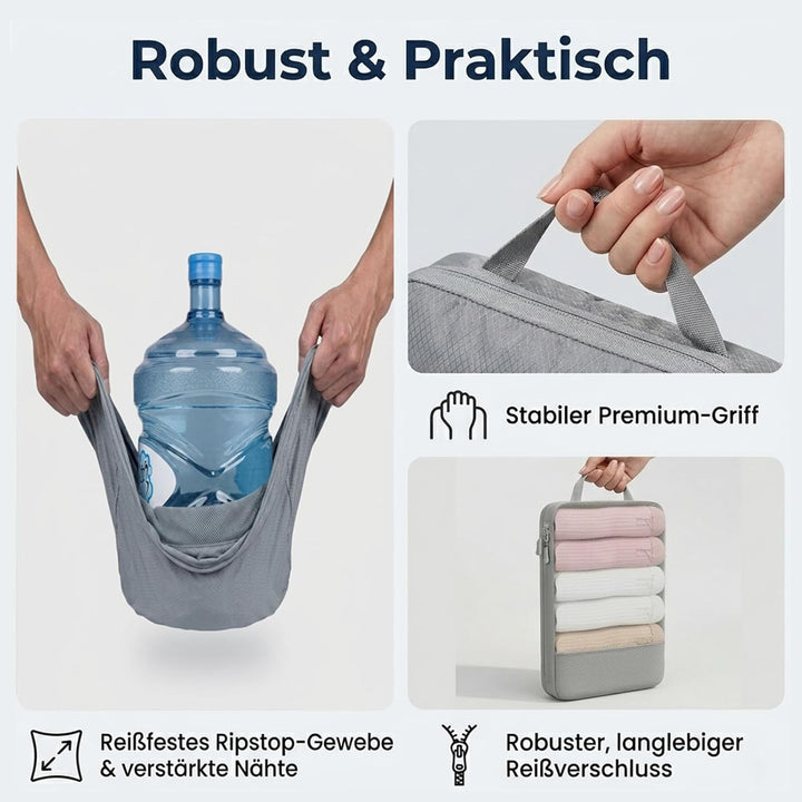 Koffer Organizer, 6er Set Packing Cubes Kompression Beige mit Langgriff, Premium Packwürfel für Reis