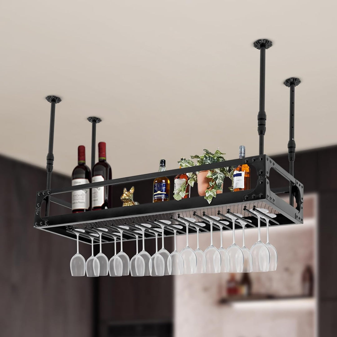 Deckenregal 100x35cm, Weinregal mit Glashalter, Schwebendes Hängeregal Höhenverstellbar, Weinflasche