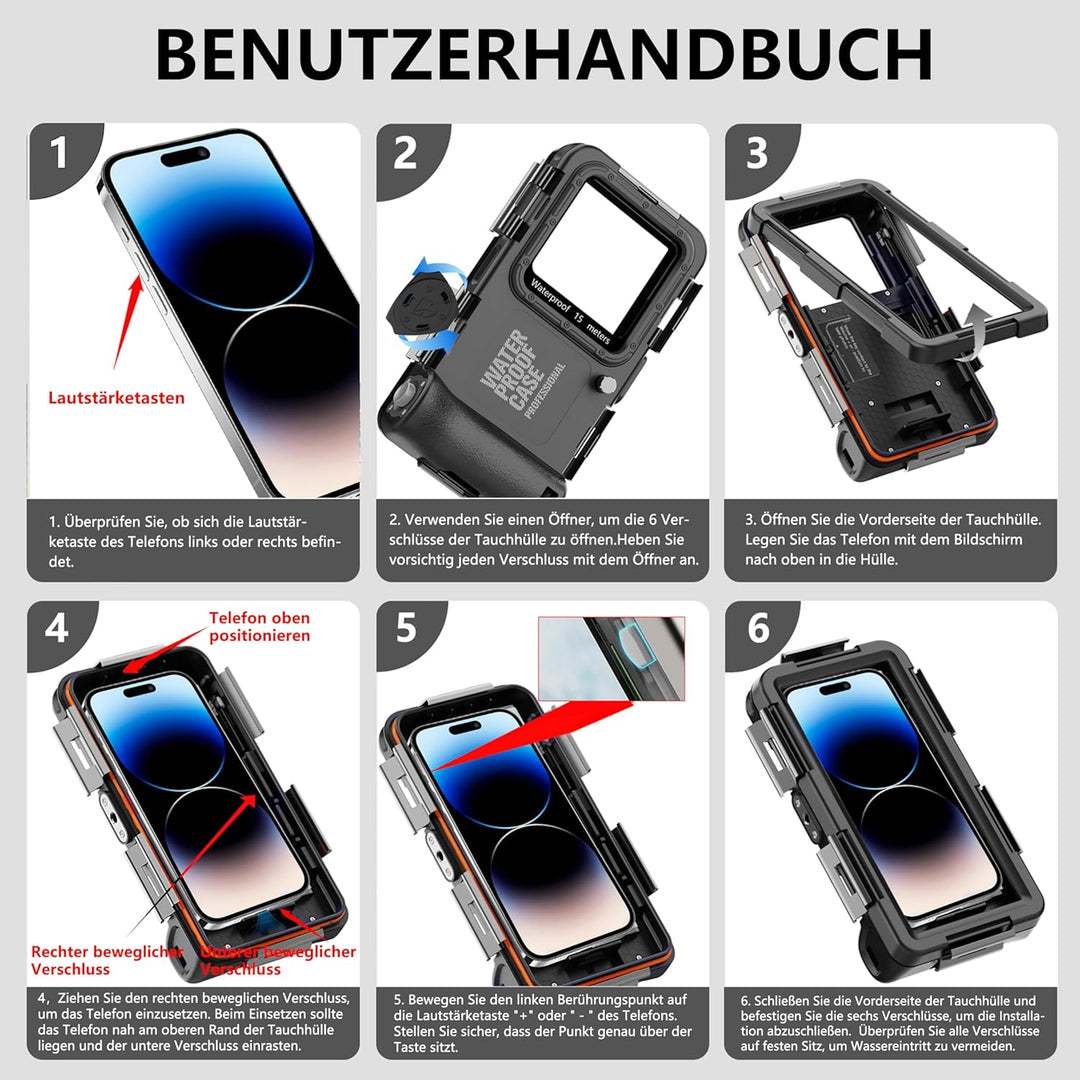 Ezanmull Unterwasser-Tauchgehäuse für iPhone 17/16/15/14/13/12/11 Pro Max/XR/XS/X & mehr, Profession