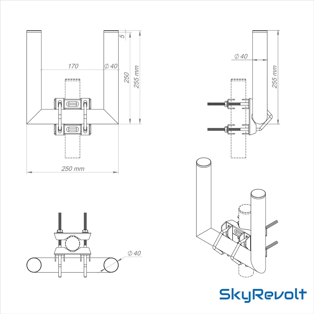 SkyRevolt Duo-Wand-Halter 25cm Rohr 40mm Doppel-Mastausleger zweifacher SAT Mast Ausleger U-Halter f