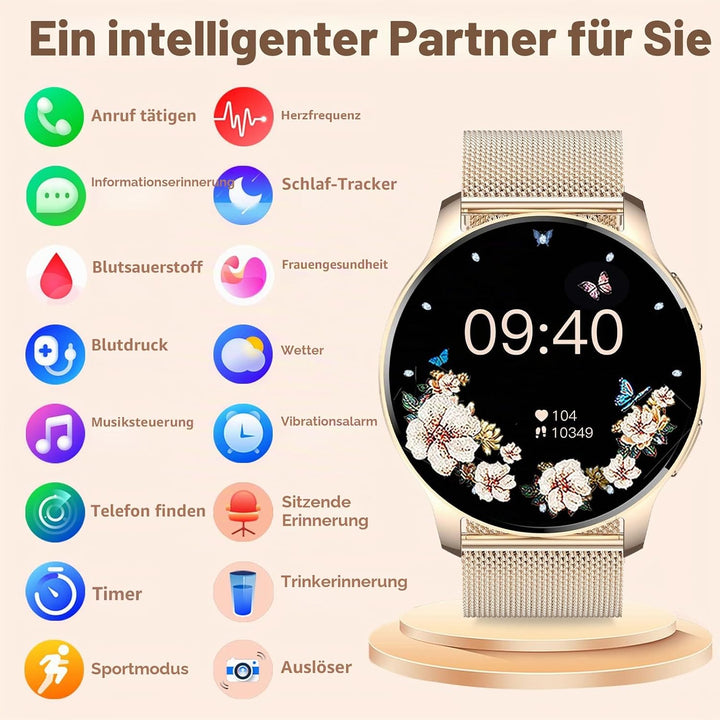 Erkwei Smartwatch Damen mit Telefonfunktion 1,32" Touchscreen Fitnessuhr mit Schrittzähler Herzfrequ
