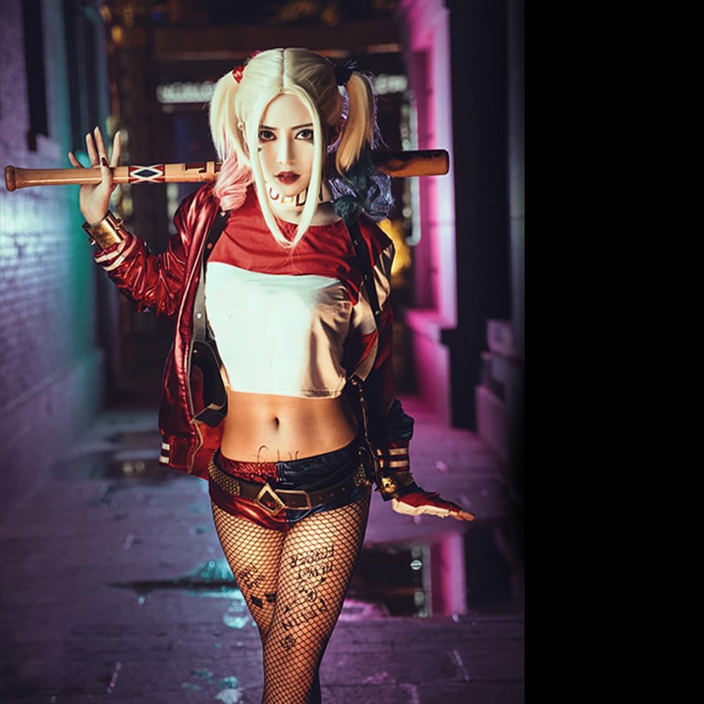 Ansamy Harley Cosplay Kostüme für Erwachsene Kinder, Mädchen Bösewicht Suicide Kostüm Kit enthalten