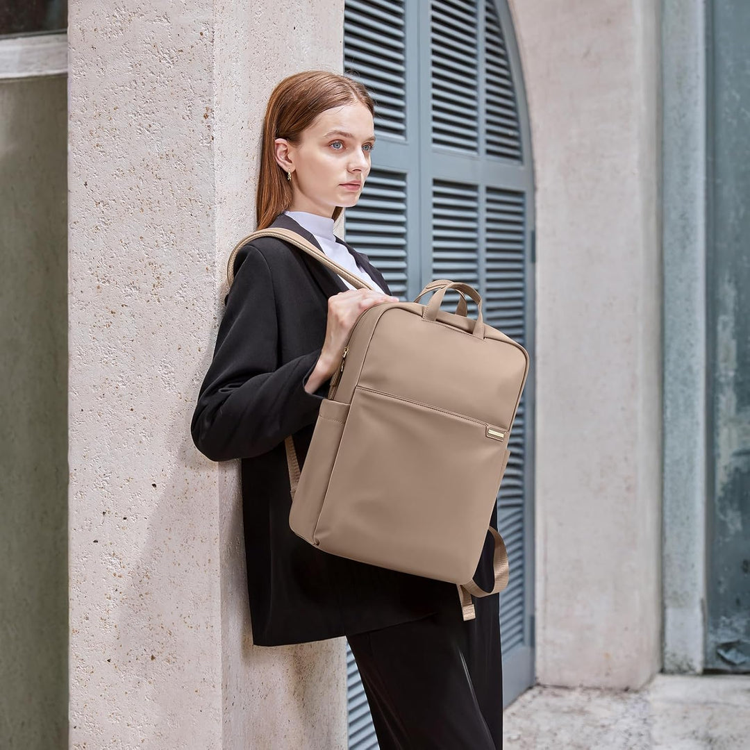 Schlanker Laptop-Rucksack für Damen, leicht, Business-Rucksack für Damen und Herren, Champagnerbraun