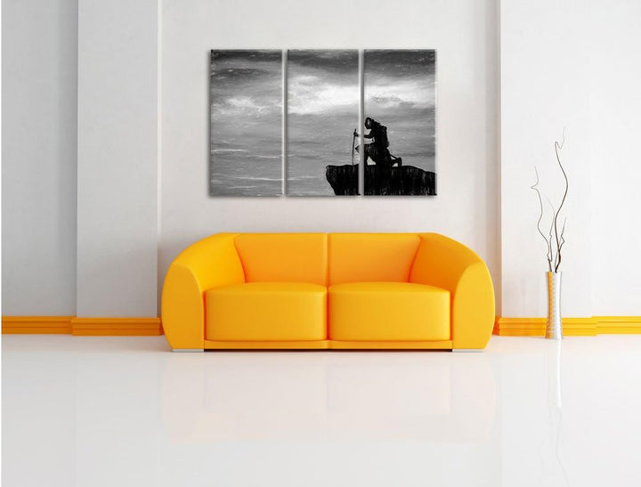 Pixxprint Samurai auf der Spitze des Berges / 3-Teilig/Gesamtmass 120cm Leinwandbild bespannt auf Ho