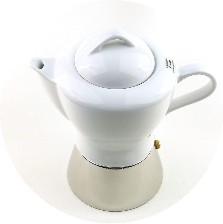 Moka Consorten Italienischer Espressokocher »Nicole« | Edelstahl und weisses Porzellan | Höhe: 16 cm