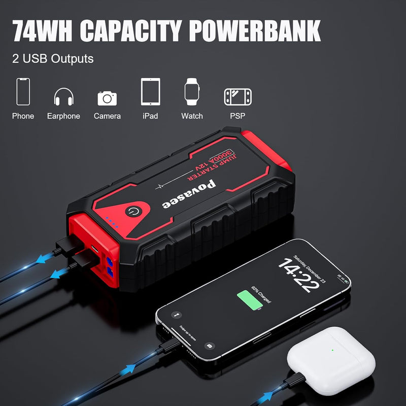 Povasee Starthilfe Powerbank, 3000A Auto Starthilfe für 12V Fahrzeuge (Bis zu 10L Benzin/8L Diesel),