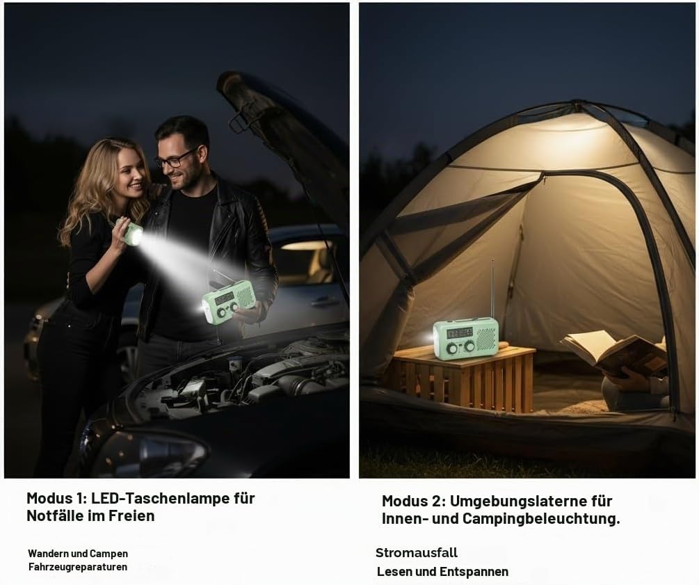 Notfall Radio, 3-Wege-Ladung (Solar, Kurbel, USB-C) Powerbank, 2000mAh Akku, AM/FM Radio, SOS, LED-T
