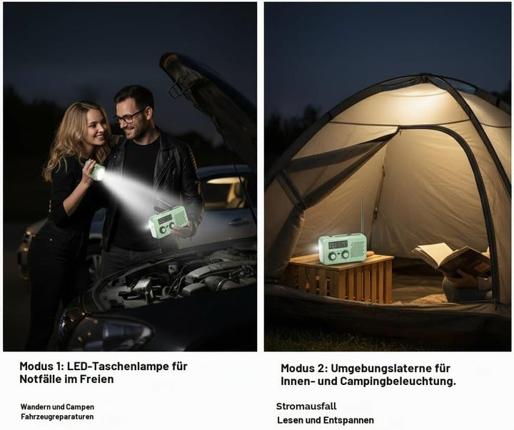 Notfall Radio, 3-Wege-Ladung (Solar, Kurbel, USB-C) Powerbank, 2000mAh Akku, AM/FM Radio, SOS, LED-T