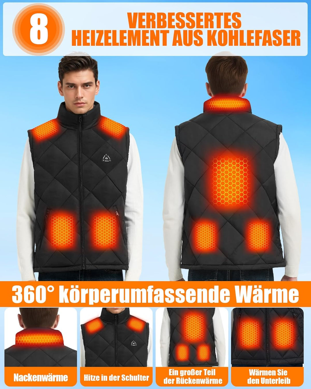 CYCYHEAT Beheizbare Weste Damen und Herren mit 7,4V 10000mAh Akku und 4-in-1 Steuerung – Leichte Wat