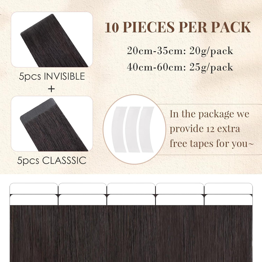 Elailite Tape Extensions Echthaar #1B Naturschwarz, 10 Stück Unsichtbar Kleber Haarverlängerungen 20