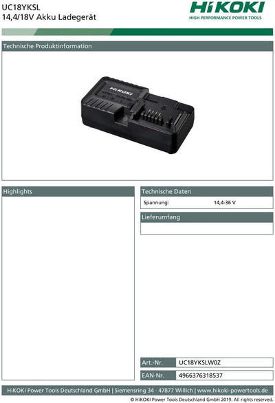 HIKOKI UC18YKSL 14,4/18V Akku Ladegerät 230V