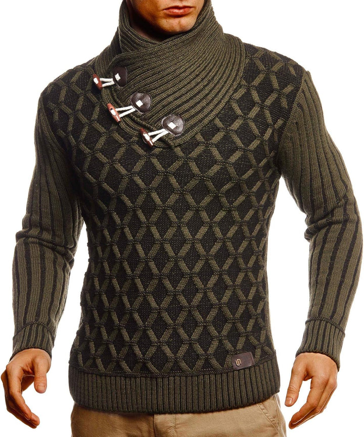 Leif Nelson Herren Strick-Pullover Schalkragen Slim Fit Winter Sommer Moderner Männer schwarzer Pull