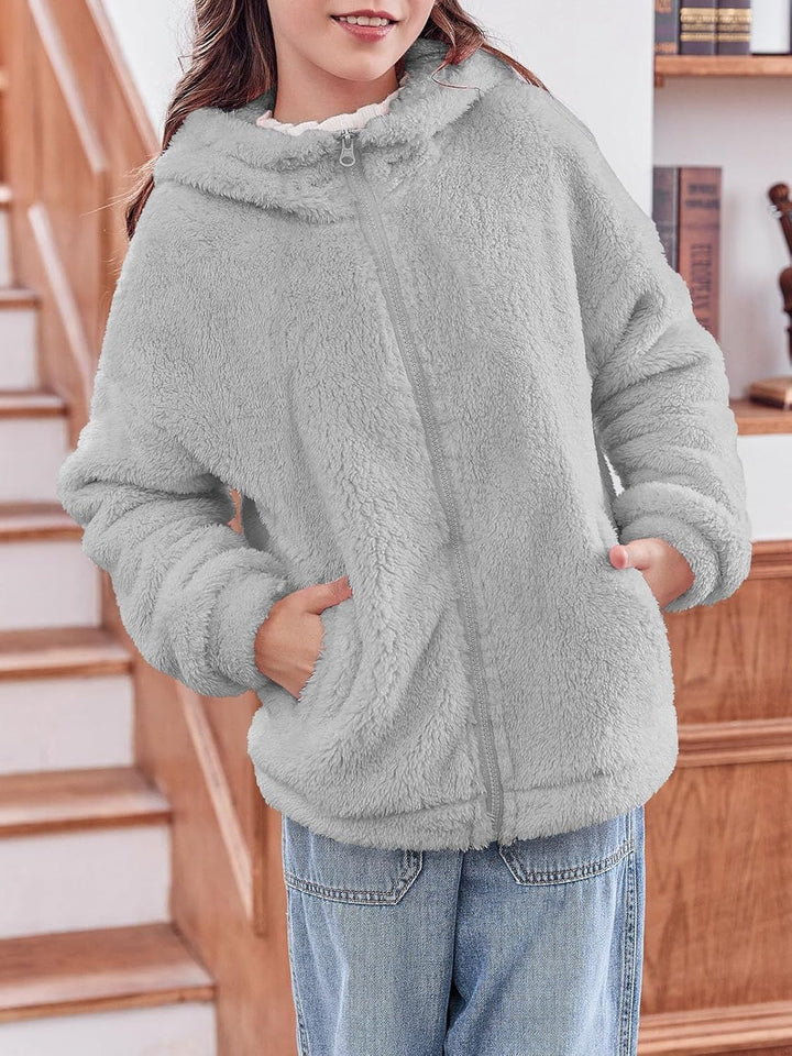 Haloumoning Mädchen Fleece Jacken Kinder Weich Fuzzy Kapuzenpullover Winter Coat Jacke, 5-6 Jahre Gr